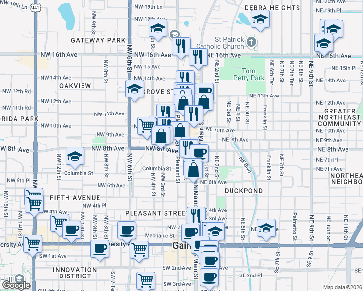 map of restaurants, bars, coffee shops, grocery stores, and more near 118 Northwest 8th Avenue in Gainesville