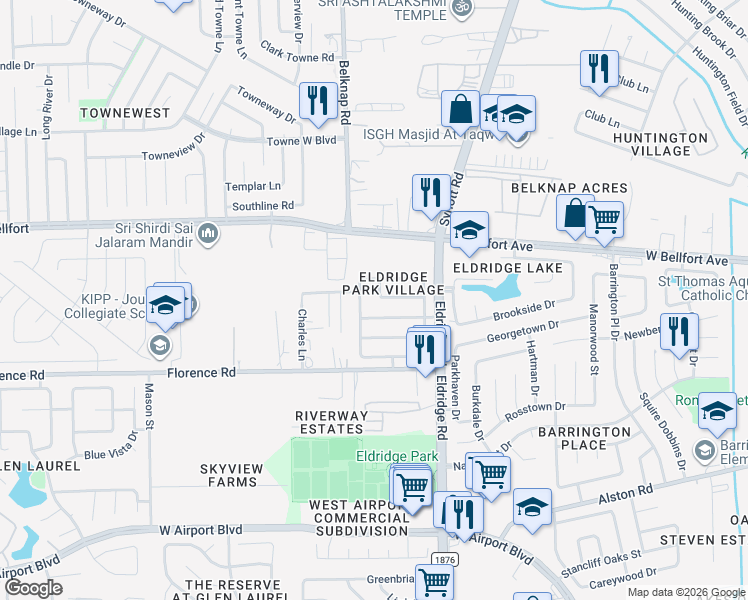 map of restaurants, bars, coffee shops, grocery stores, and more near 13527 Naples Bridge Road in Sugar Land