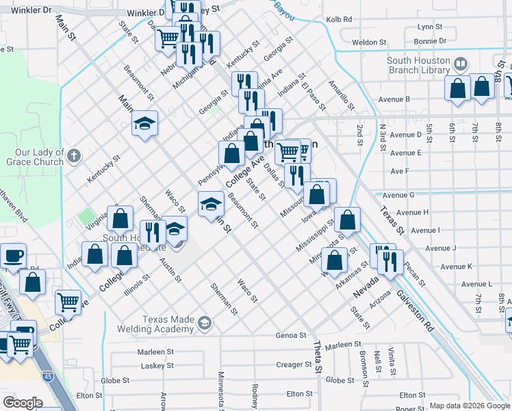 map of restaurants, bars, coffee shops, grocery stores, and more near in South Houston