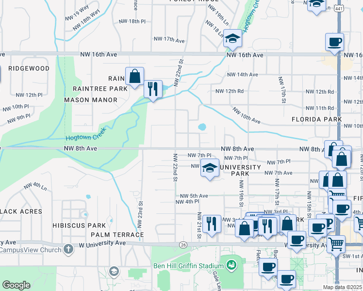 map of restaurants, bars, coffee shops, grocery stores, and more near 2150 Northwest 8th Avenue in Gainesville