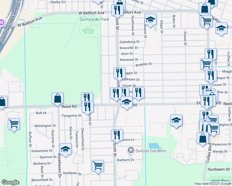 map of restaurants, bars, coffee shops, grocery stores, and more near 9116 Scott Street in Houston