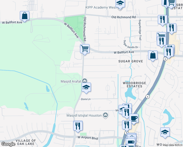 map of restaurants, bars, coffee shops, grocery stores, and more near 15307 Sam Street in Sugar Land