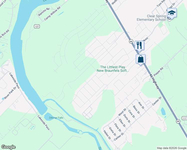 map of restaurants, bars, coffee shops, grocery stores, and more near 336 Autumn Rouge in New Braunfels