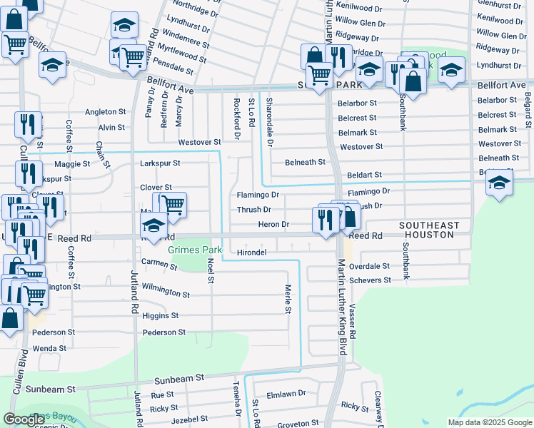 map of restaurants, bars, coffee shops, grocery stores, and more near 5503 Heron Drive in Houston