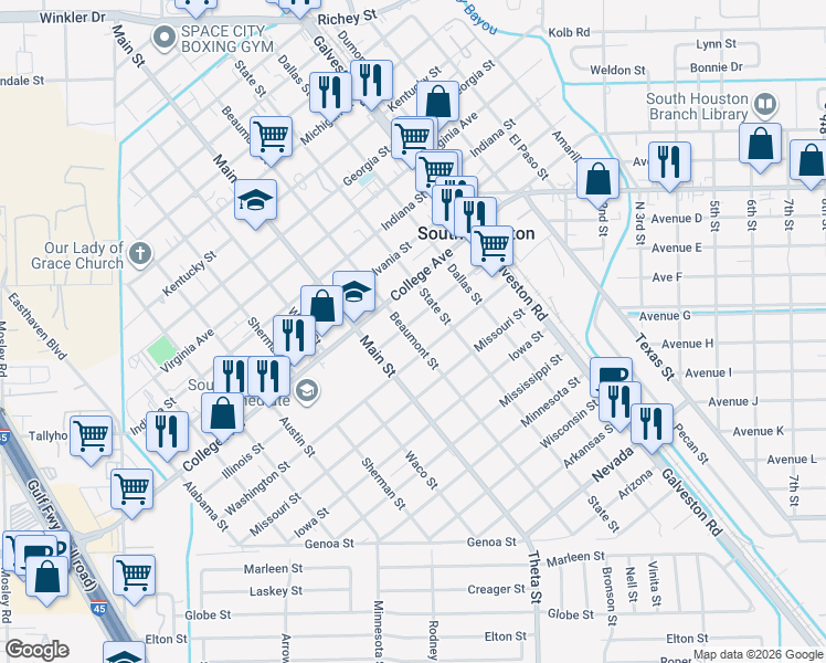 map of restaurants, bars, coffee shops, grocery stores, and more near 716 Illinois Street in South Houston