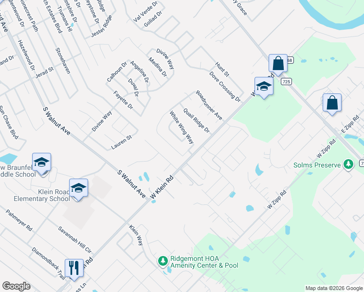 map of restaurants, bars, coffee shops, grocery stores, and more near 553 Roadrunner Avenue in New Braunfels