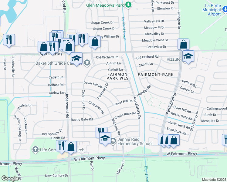 map of restaurants, bars, coffee shops, grocery stores, and more near 10002 Winding Trail Road in La Porte