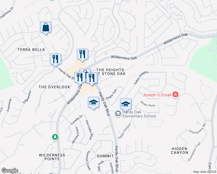 map of restaurants, bars, coffee shops, grocery stores, and more near 130 Lindseys Cove in San Antonio