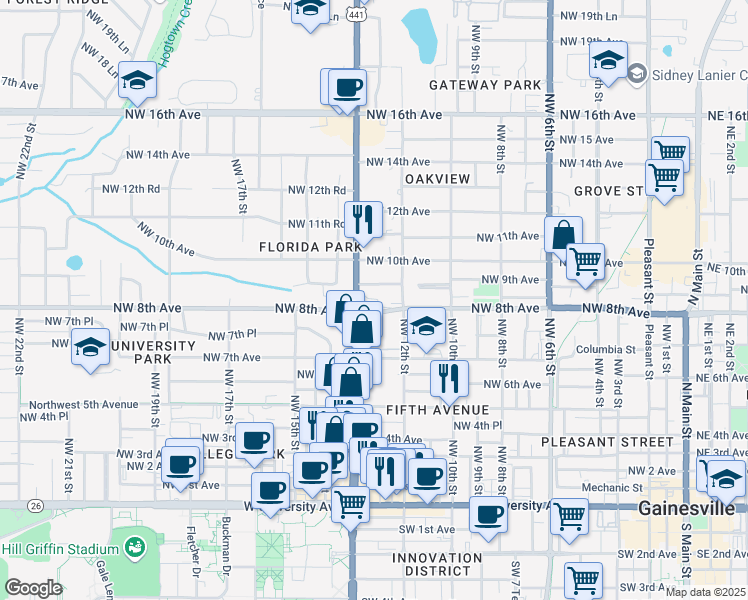 map of restaurants, bars, coffee shops, grocery stores, and more near 1222 Northwest 8th Avenue in Gainesville