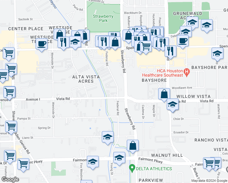 map of restaurants, bars, coffee shops, grocery stores, and more near 1125 Vista Road in Pasadena