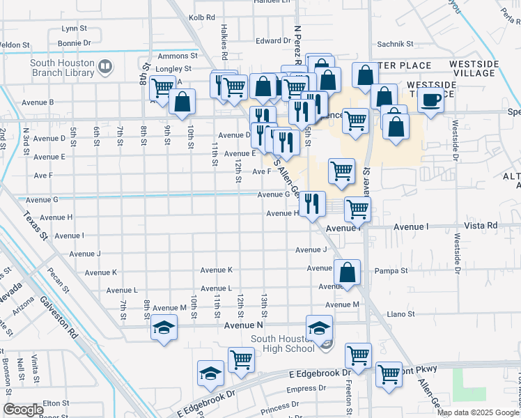 map of restaurants, bars, coffee shops, grocery stores, and more near 1305 Avenue H in South Houston