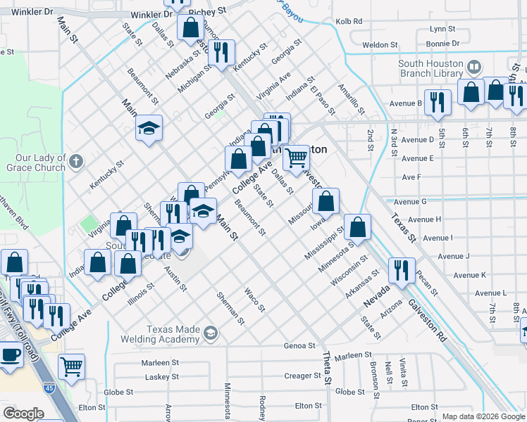 map of restaurants, bars, coffee shops, grocery stores, and more near in South Houston
