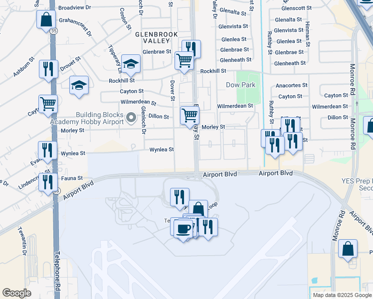 map of restaurants, bars, coffee shops, grocery stores, and more near 8800 Broadway Street in Houston