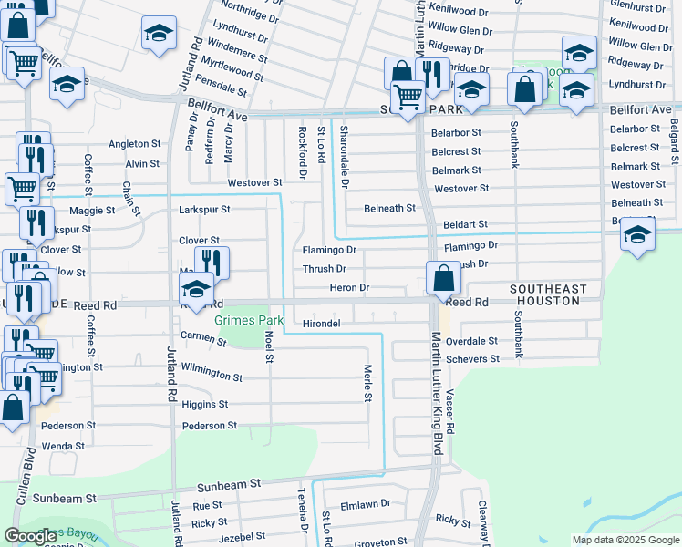 map of restaurants, bars, coffee shops, grocery stores, and more near 5503 Heron Drive in Houston