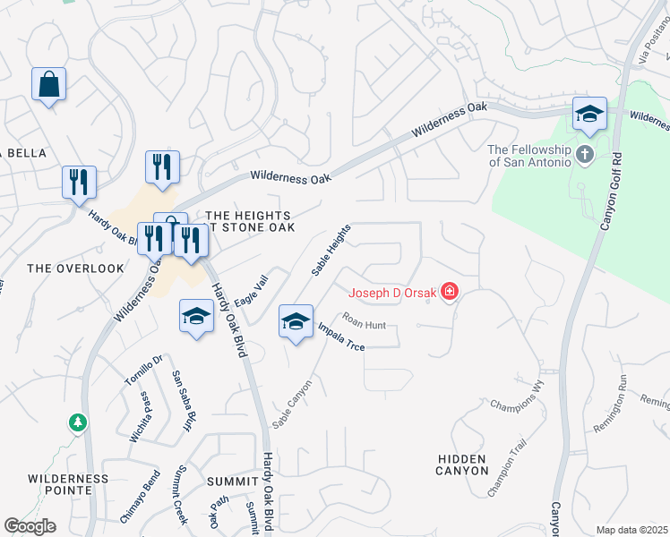 map of restaurants, bars, coffee shops, grocery stores, and more near 43 Gemsbuck Rise in San Antonio