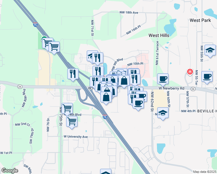 map of restaurants, bars, coffee shops, grocery stores, and more near 6519 West Newberry Road in Gainesville