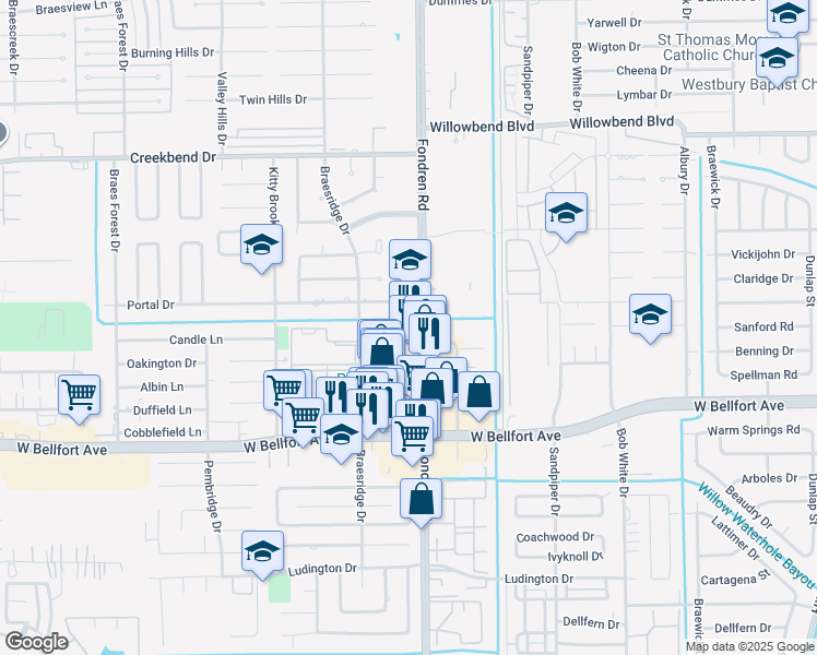 map of restaurants, bars, coffee shops, grocery stores, and more near 11092 Fondren Road in Houston