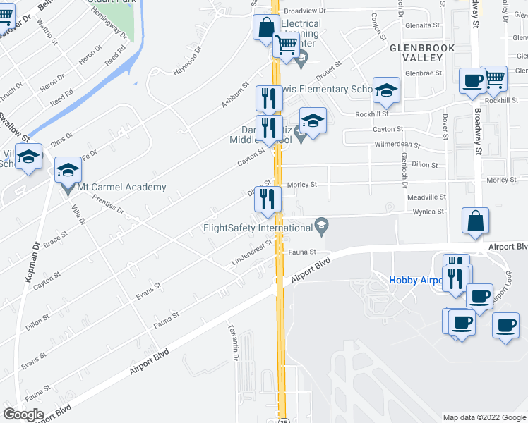 map of restaurants, bars, coffee shops, grocery stores, and more near 7427 Evans Street in Houston