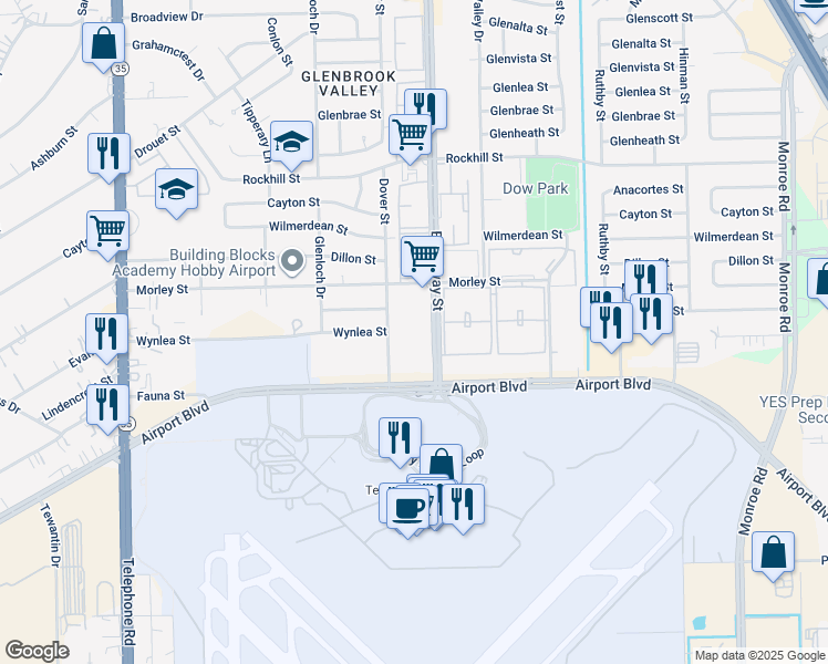 map of restaurants, bars, coffee shops, grocery stores, and more near 8800 Broadway Street in Houston