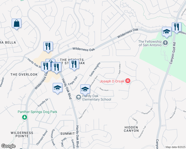 map of restaurants, bars, coffee shops, grocery stores, and more near 46 Sable Heights in San Antonio