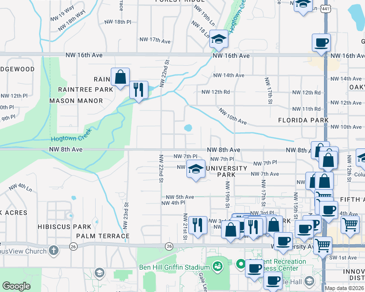 map of restaurants, bars, coffee shops, grocery stores, and more near 806 Northwest 21st Street in Gainesville
