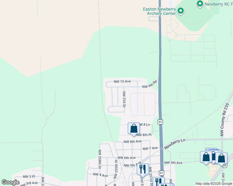 map of restaurants, bars, coffee shops, grocery stores, and more near 945 Northwest 255 Way in Newberry