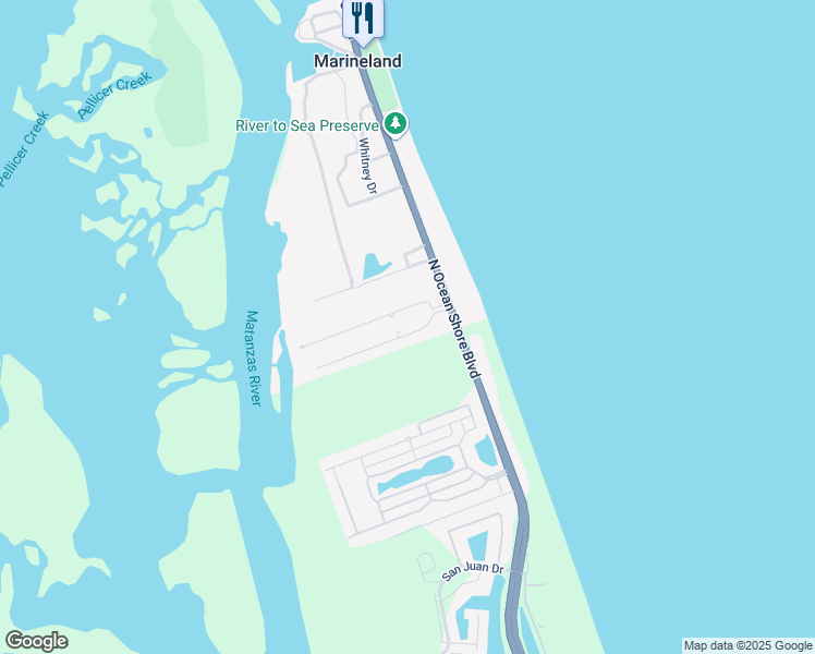 map of restaurants, bars, coffee shops, grocery stores, and more near 7 Beachside Drive in Palm Coast