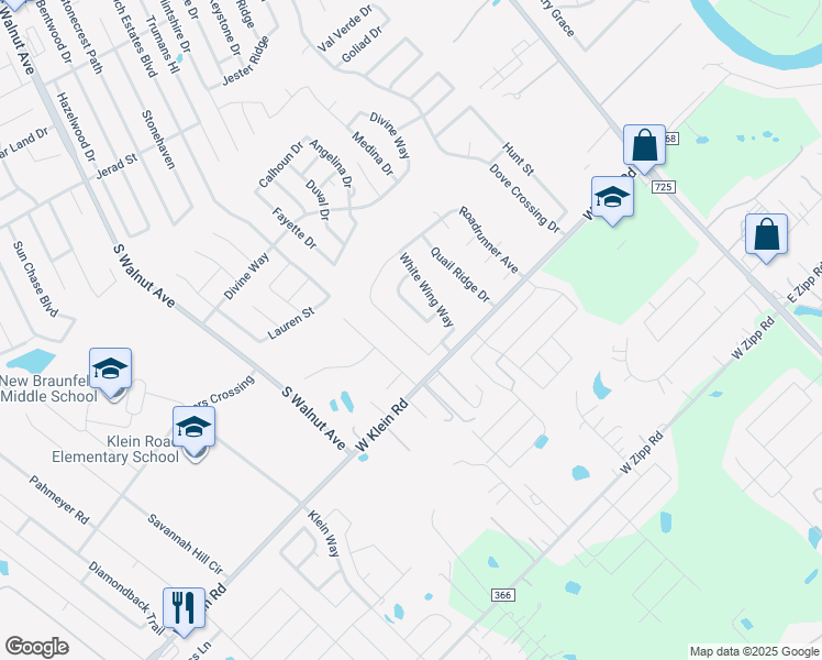 map of restaurants, bars, coffee shops, grocery stores, and more near 545 Roadrunner Avenue in New Braunfels