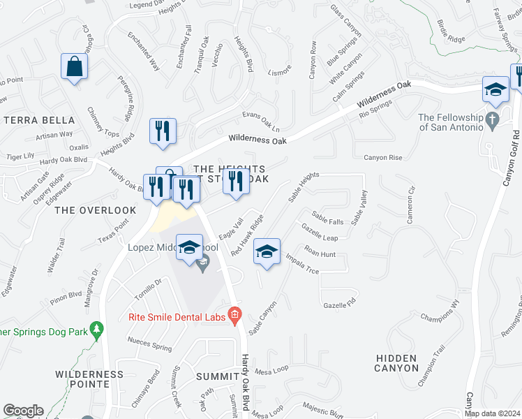map of restaurants, bars, coffee shops, grocery stores, and more near 163 Eagle Vail in San Antonio