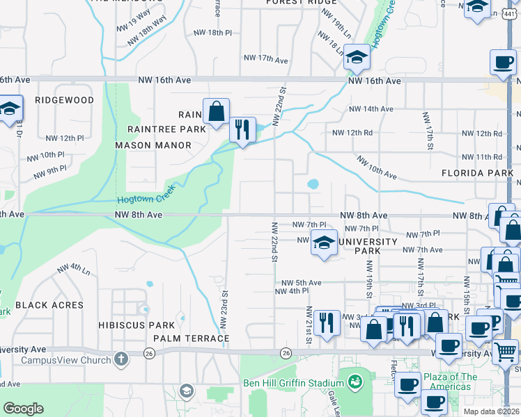 map of restaurants, bars, coffee shops, grocery stores, and more near 2222 Northwest 8th Avenue in Gainesville