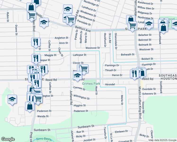 map of restaurants, bars, coffee shops, grocery stores, and more near 5058 Mallow Street in Houston