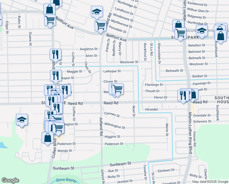 map of restaurants, bars, coffee shops, grocery stores, and more near 5026 Mallow Street in Houston