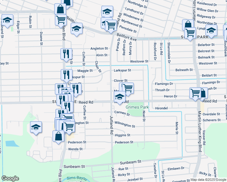map of restaurants, bars, coffee shops, grocery stores, and more near 9102 Jutland Road in Houston