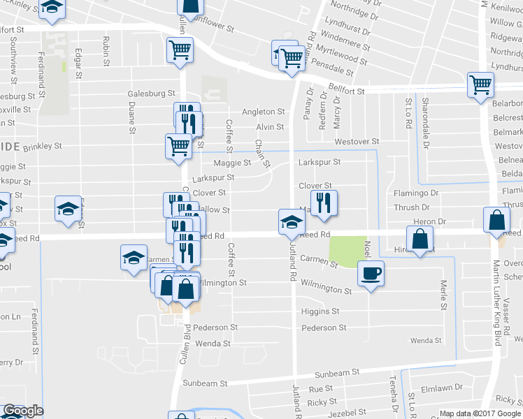 map of restaurants, bars, coffee shops, grocery stores, and more near 4906 Mallow Street in Houston
