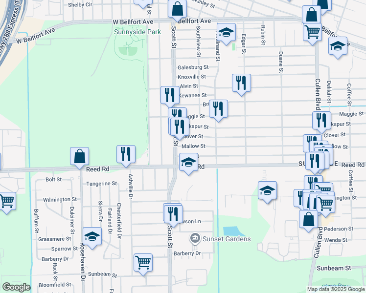 map of restaurants, bars, coffee shops, grocery stores, and more near 4118 Mallow Street in Houston