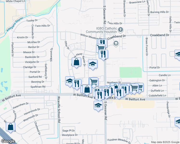map of restaurants, bars, coffee shops, grocery stores, and more near 8708 Torcello Street in Houston
