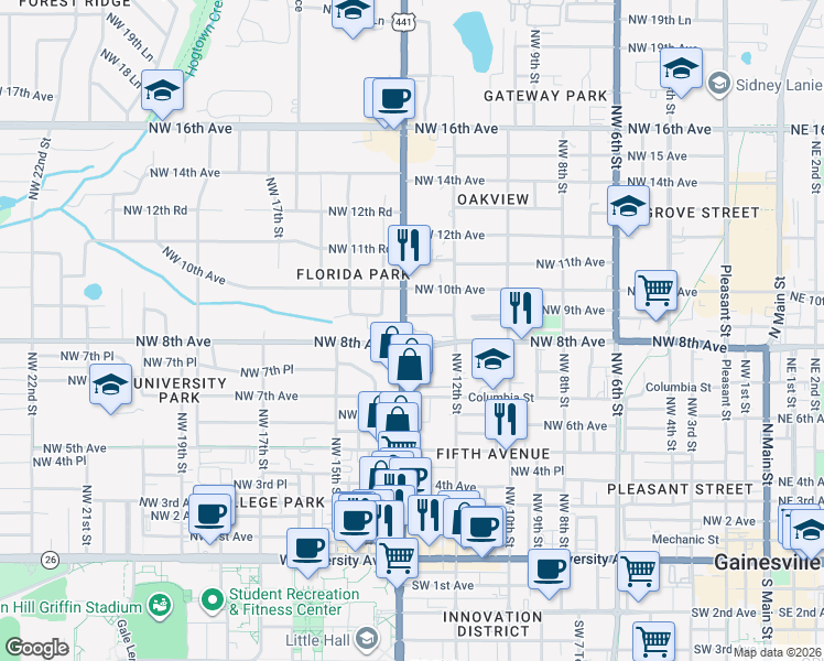map of restaurants, bars, coffee shops, grocery stores, and more near 808 Northwest 13th Street in Gainesville