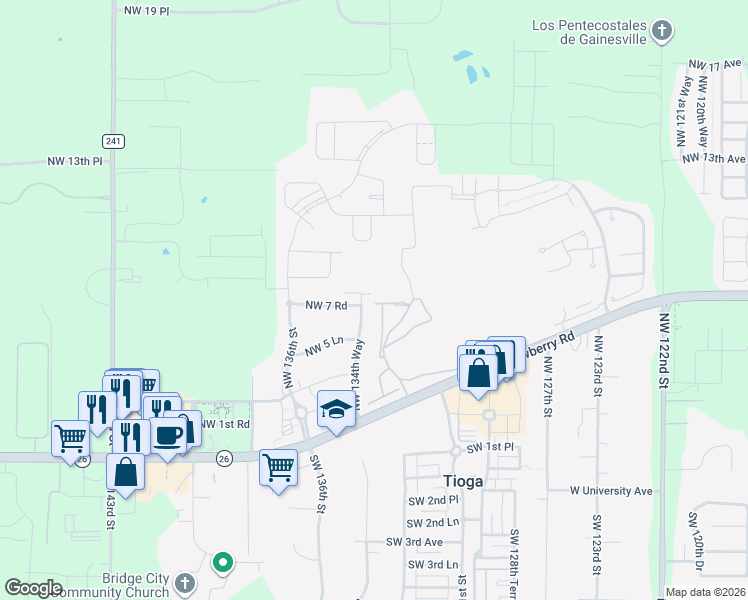 map of restaurants, bars, coffee shops, grocery stores, and more near 737 Northwest 134th Way in Newberry