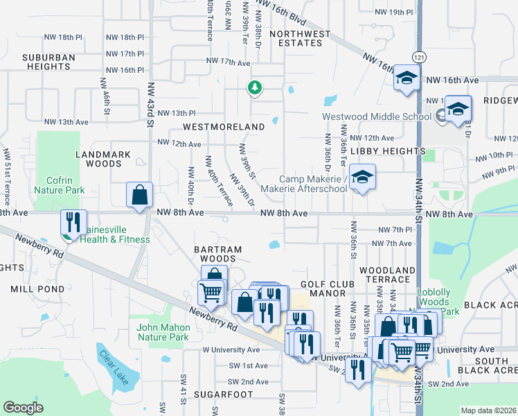 map of restaurants, bars, coffee shops, grocery stores, and more near 3901 Northwest 8th Avenue in Gainesville