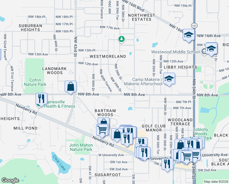map of restaurants, bars, coffee shops, grocery stores, and more near 3901 Northwest 8th Avenue in Gainesville