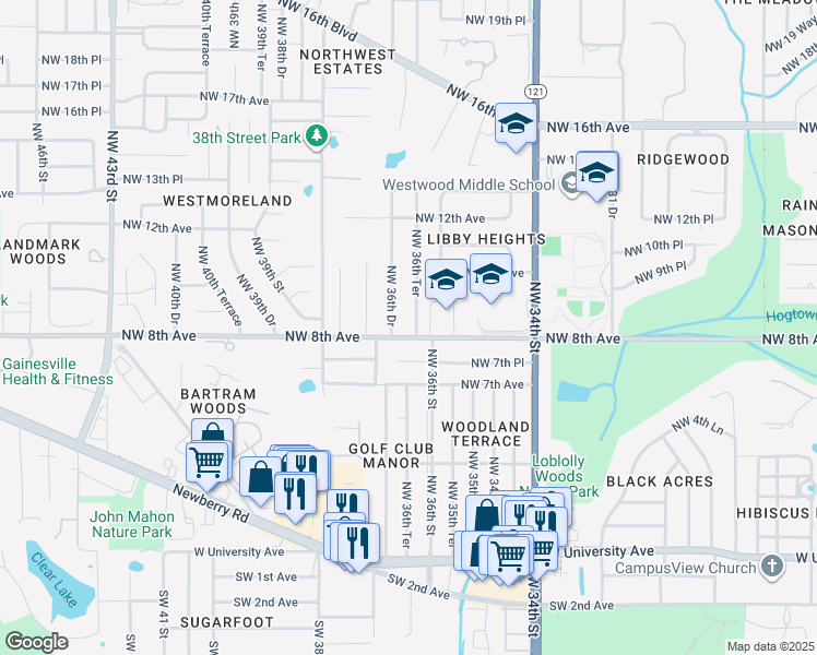 map of restaurants, bars, coffee shops, grocery stores, and more near 3627 Northwest 8th Avenue in Gainesville