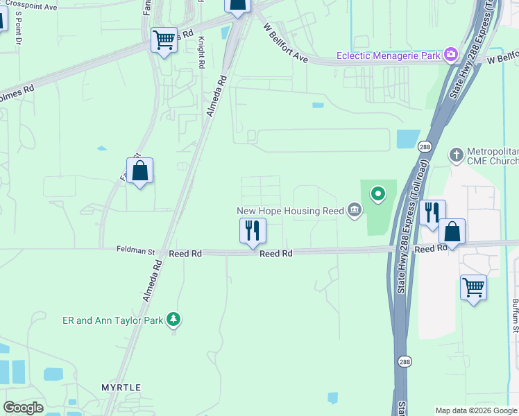 map of restaurants, bars, coffee shops, grocery stores, and more near 2655 Reed Road in Houston
