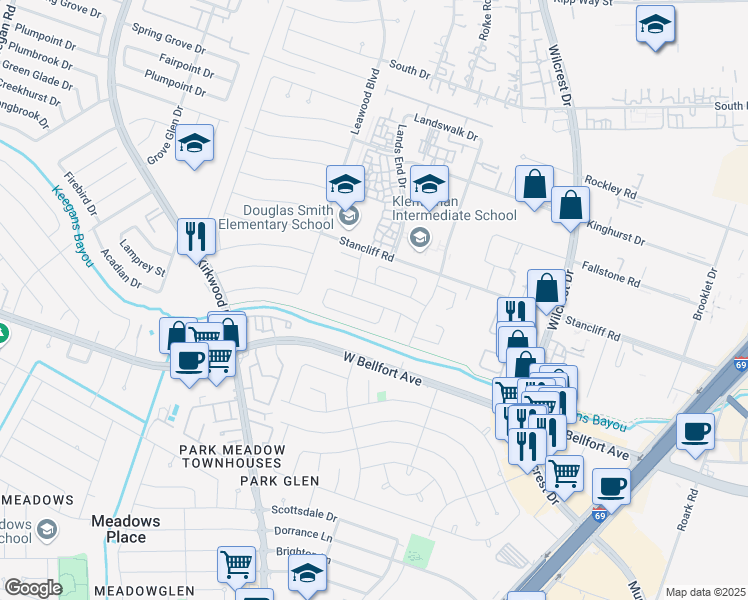 map of restaurants, bars, coffee shops, grocery stores, and more near 11210 Bayou Place Drive in Houston
