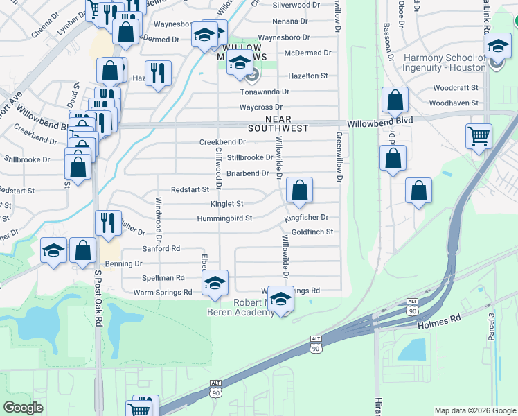 map of restaurants, bars, coffee shops, grocery stores, and more near 4530 Hummingbird Street in Houston