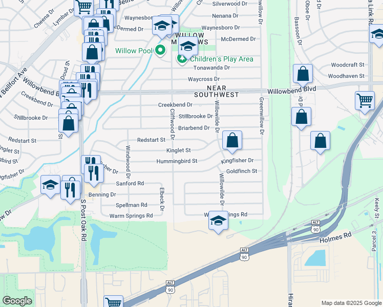 map of restaurants, bars, coffee shops, grocery stores, and more near 4622 Hummingbird Street in Houston