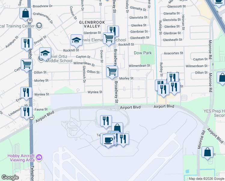 map of restaurants, bars, coffee shops, grocery stores, and more near 8800 Broadway Street in Houston