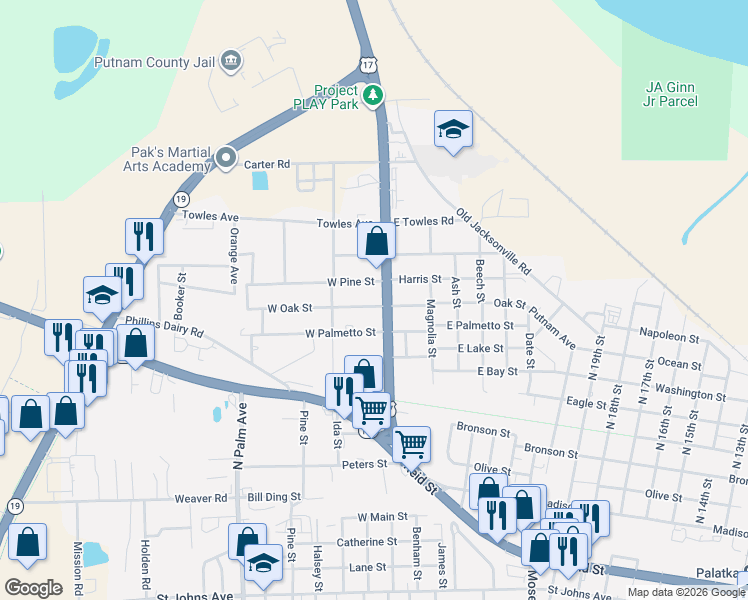 map of restaurants, bars, coffee shops, grocery stores, and more near 111 East Oak Street in Palatka