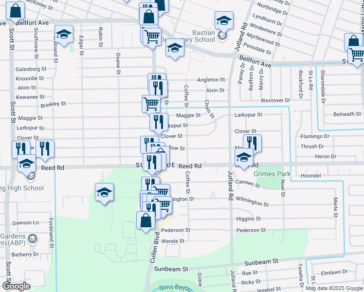 map of restaurants, bars, coffee shops, grocery stores, and more near 4753 Mallow Street in Houston