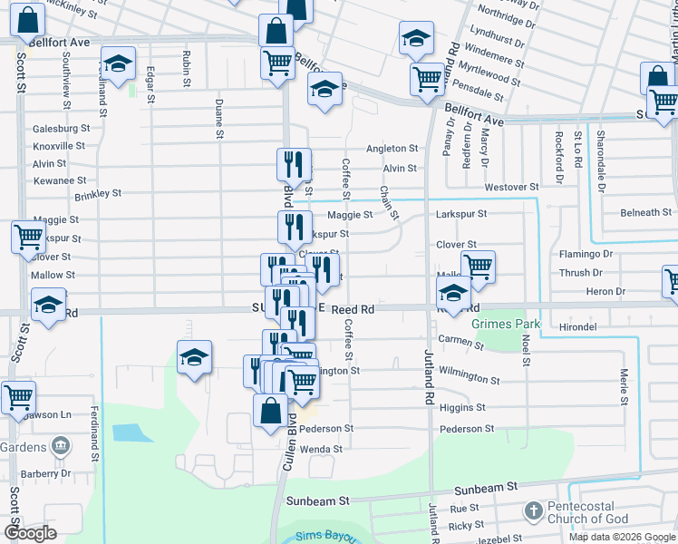 map of restaurants, bars, coffee shops, grocery stores, and more near 4753 Mallow Street in Houston