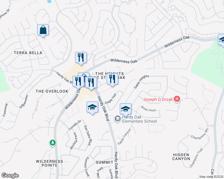 map of restaurants, bars, coffee shops, grocery stores, and more near 130 Lindseys Cove in San Antonio